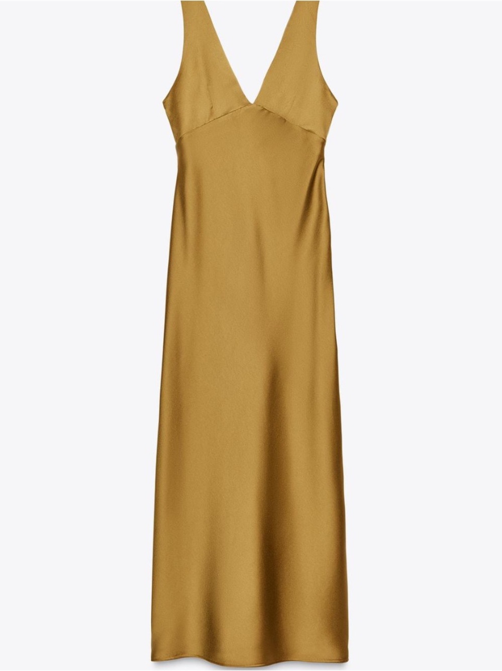 NWT!! Zara Olive-Gold Satin V-Neck Maxi Dress - Picture 3 of 8